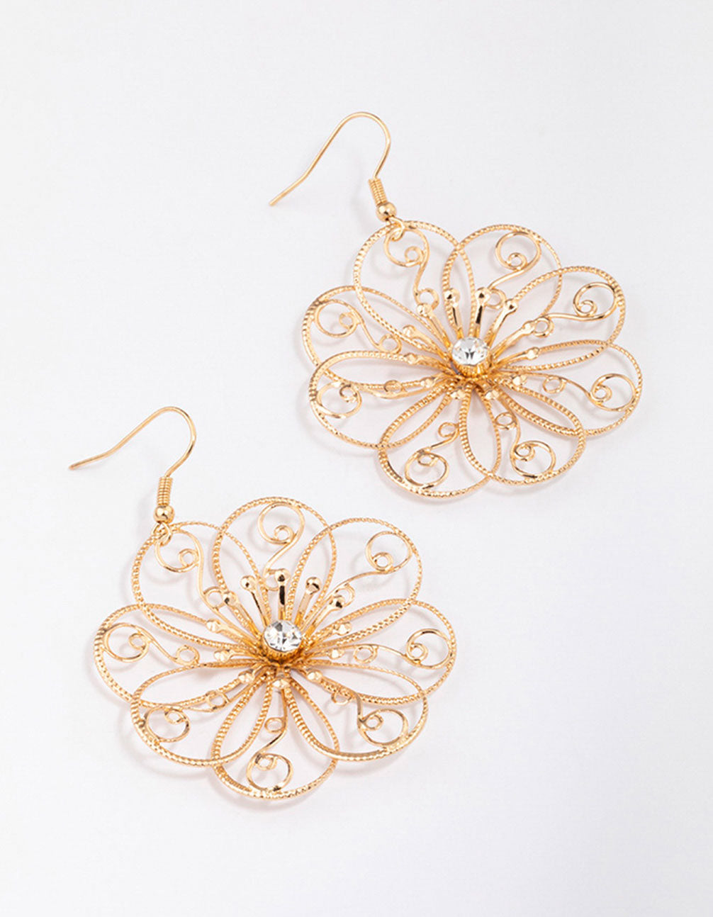 Image of Gold Diamante Wire Swirly Flower Drop Earrings