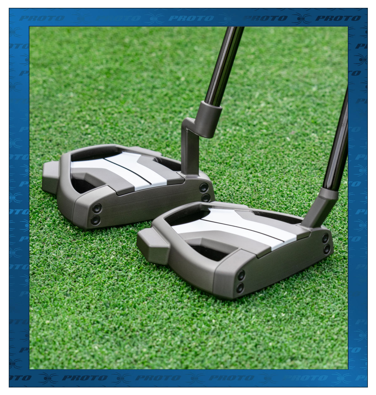 Spider TOUR Proto Putter, bottom of the putter showing on grass with a blue spider proto graphic border