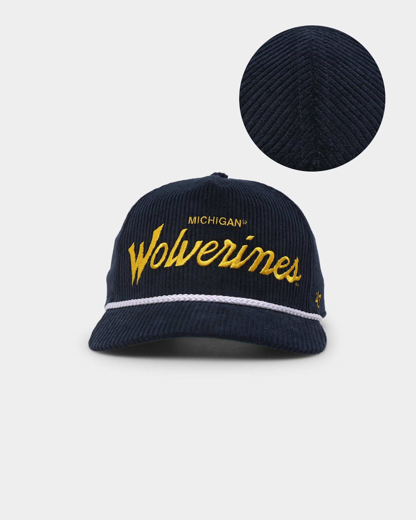 Image of 47 Brand Michigan Wolverines 'NCAA Corduroy Team Script' Corduroy Crossrope 47 Hitch Snapback Navy