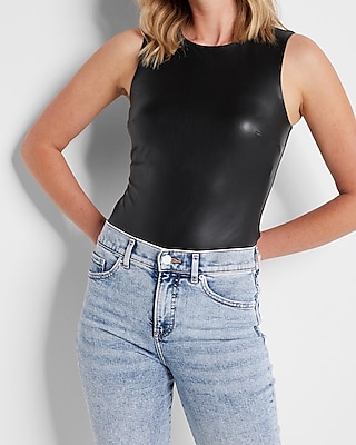 body contour faux leather high neck bodysuit