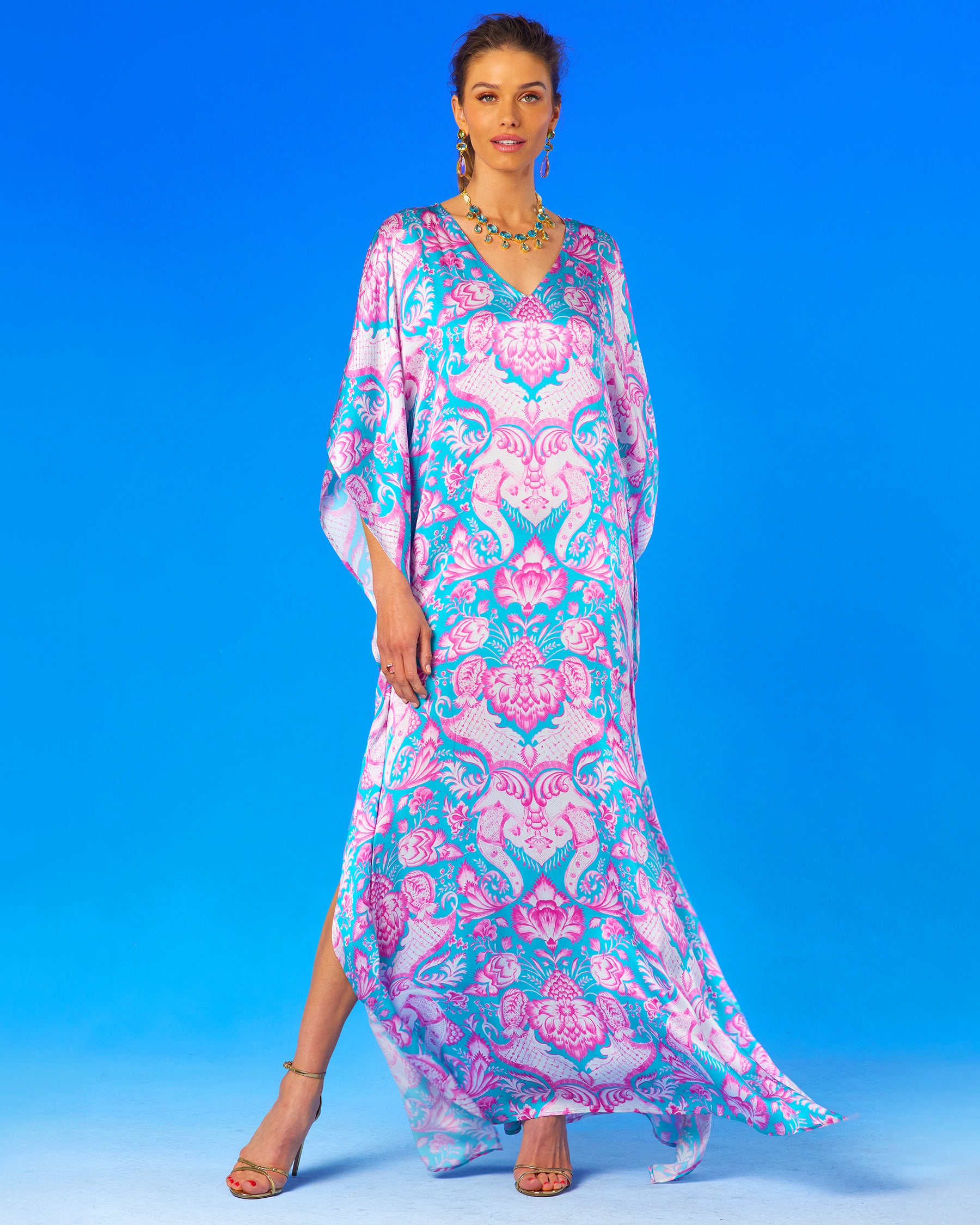 Image of Shalimar Silk Kaftan in Pink and Blue