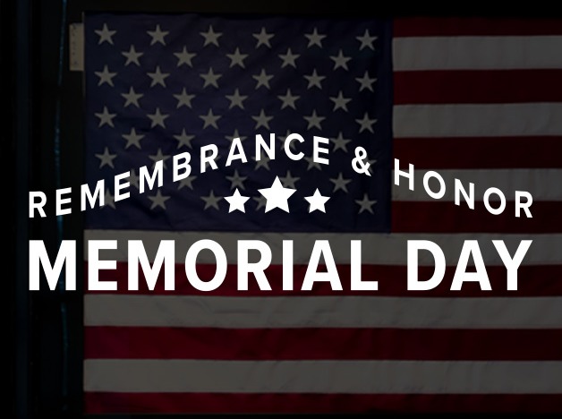 American flag background that is shaded then a text overlay saying "Remembrance and Honor, Memorial Day"