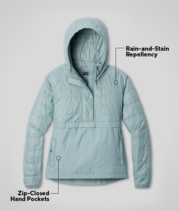 Rain-and-Stain Repellency. Zip-Closed Hand Pockets