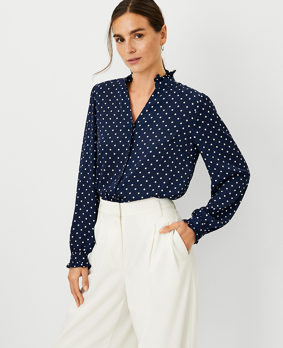 Dotted Ruffle Button Top