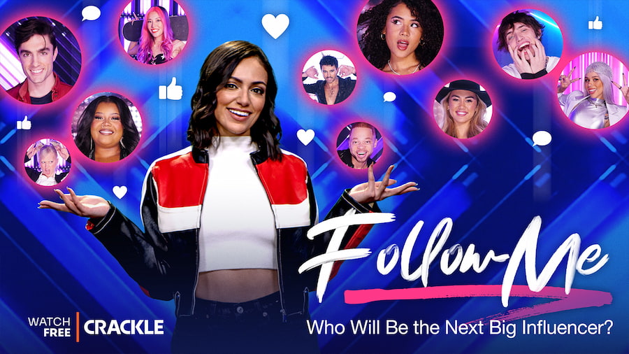 'Follow Me' poster showing smiling woman gesturing to ten circular images of people and emoji in background: Who Will Be the Next Big Influencer?