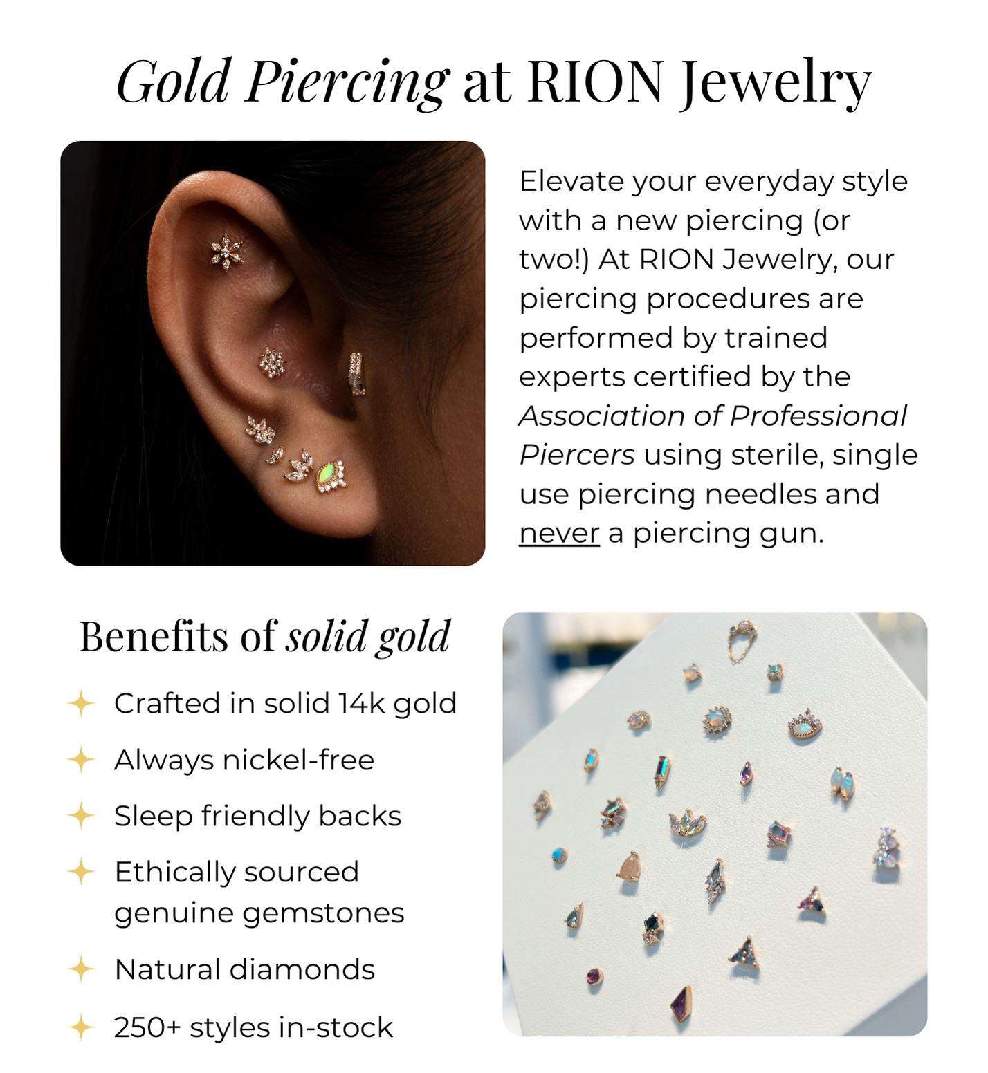 Gold piercing at rion jewelry graphic. 