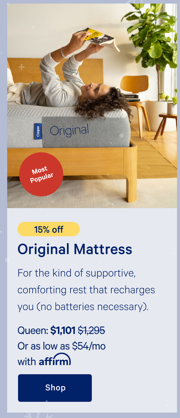 [15% off] >> Original Mattress >> Queen: $1,101 ($1,295) >> Or as low as $54/mo with affirm >> Shop >> 