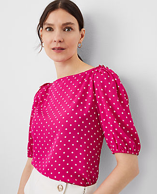 Dotted Mixed Media Puff Sleeve Top