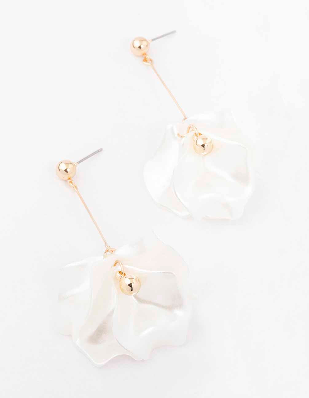 Image of Gold & White Pearlised Petal Drop Earrings