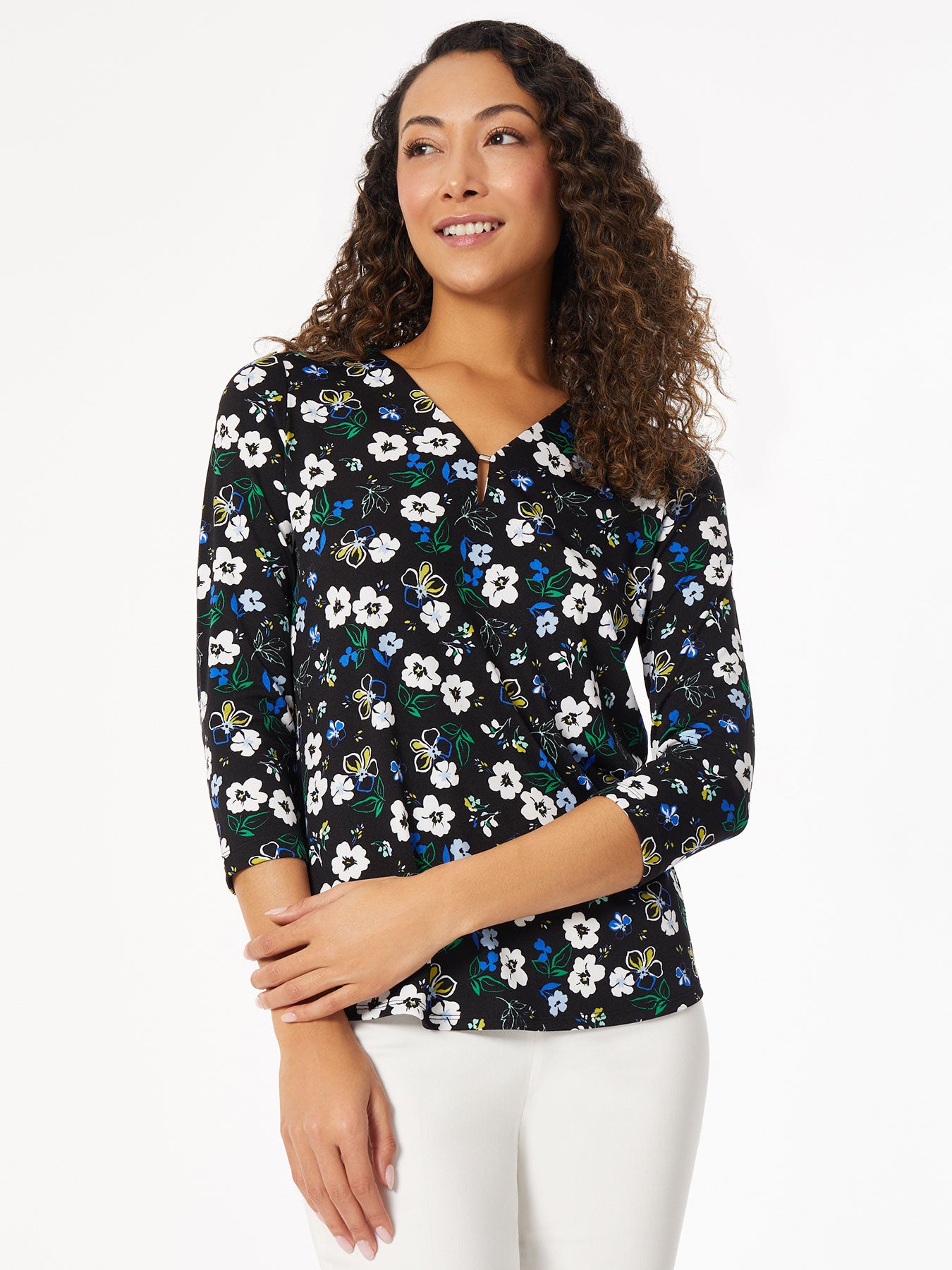 Image of Printed Keyhole Neckline Knit Top