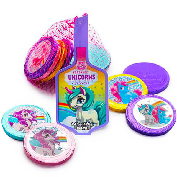 134243 - Rainbow Unicorn Foiled Milk Chocolate Coins in Mesh Bags: 18-Piece Box