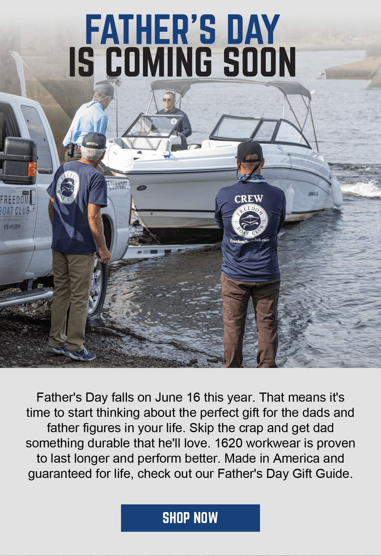 Father and Son Crew working on a pier; Text overlay 'Father's Day is Coming Soon'