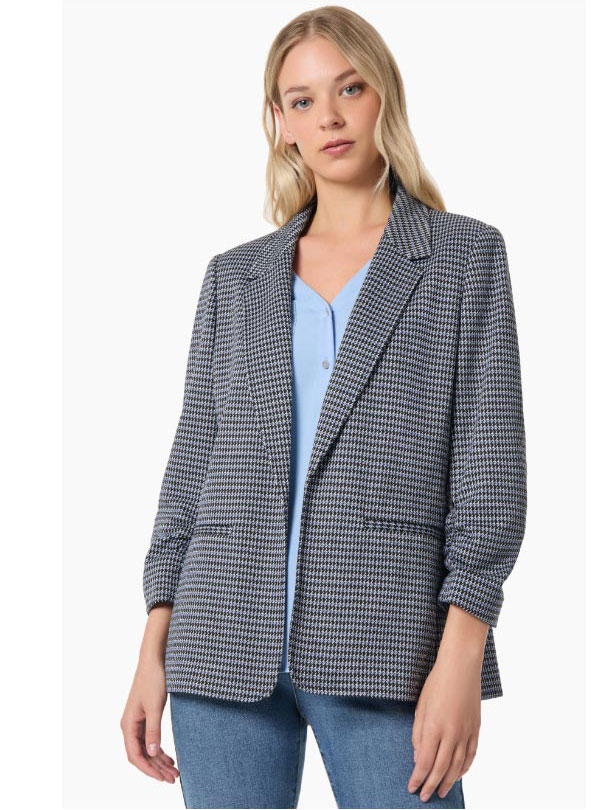 Notch Collar Open Front Houndstooth Jacket