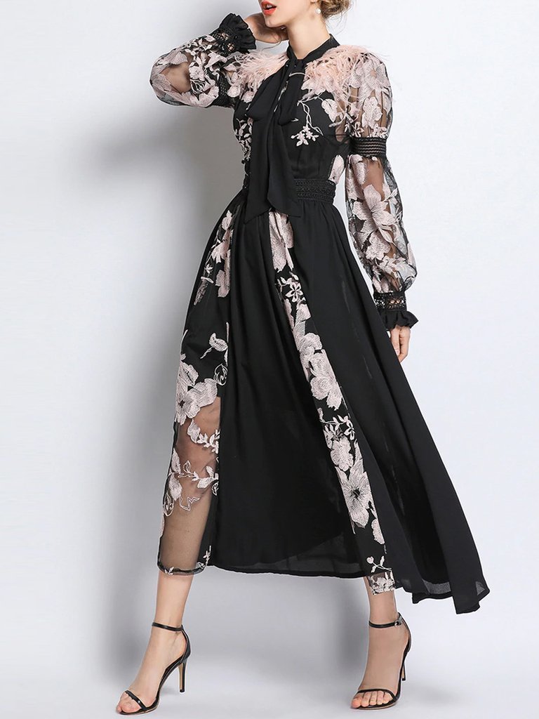 Hannah Feathers Embroidery Chiffon Maxi Dress