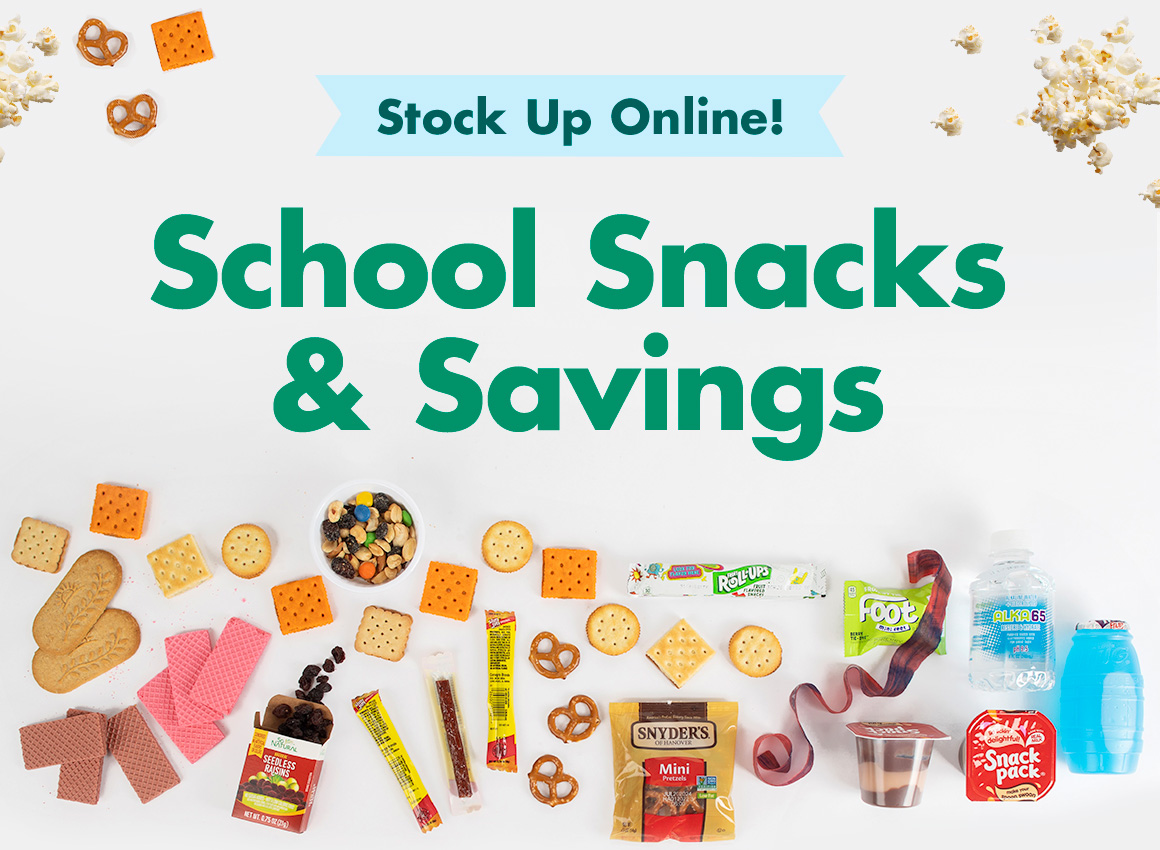 Variety of school snacks on a white background