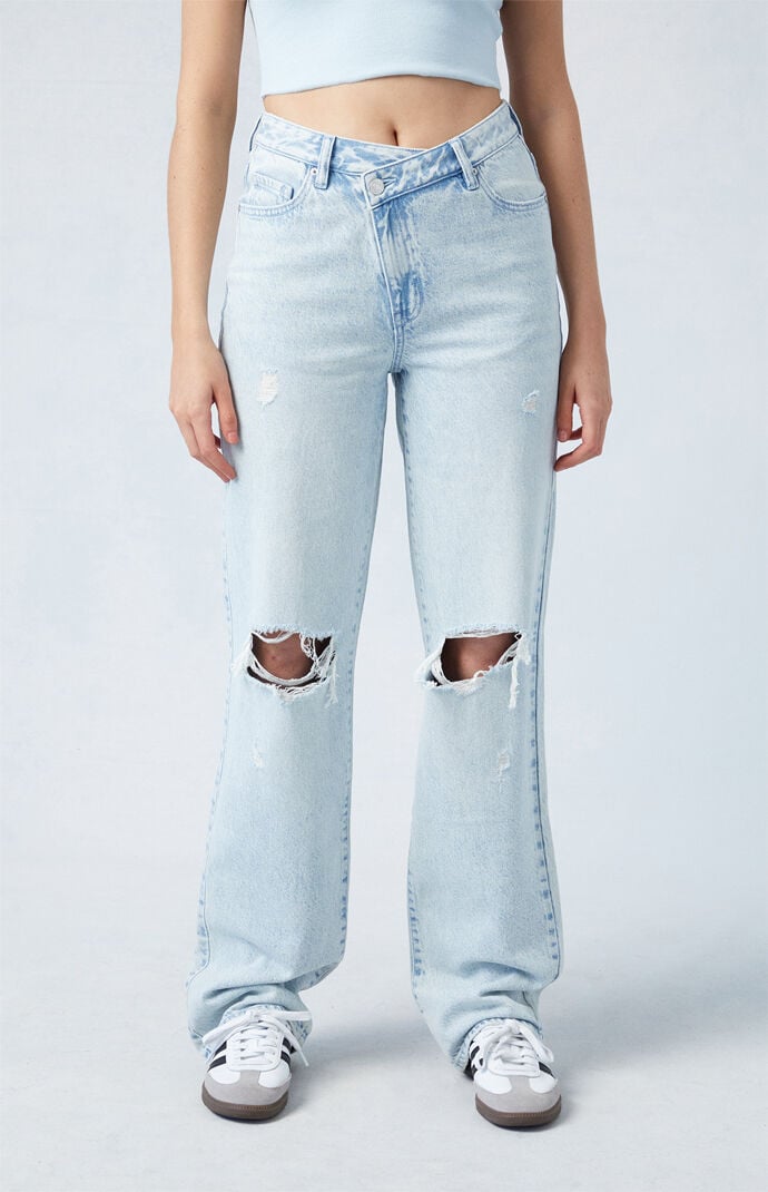 Image: Eco Light Indigo Ripped Asymmetrical Waistband '90s Boyfriend Jeans