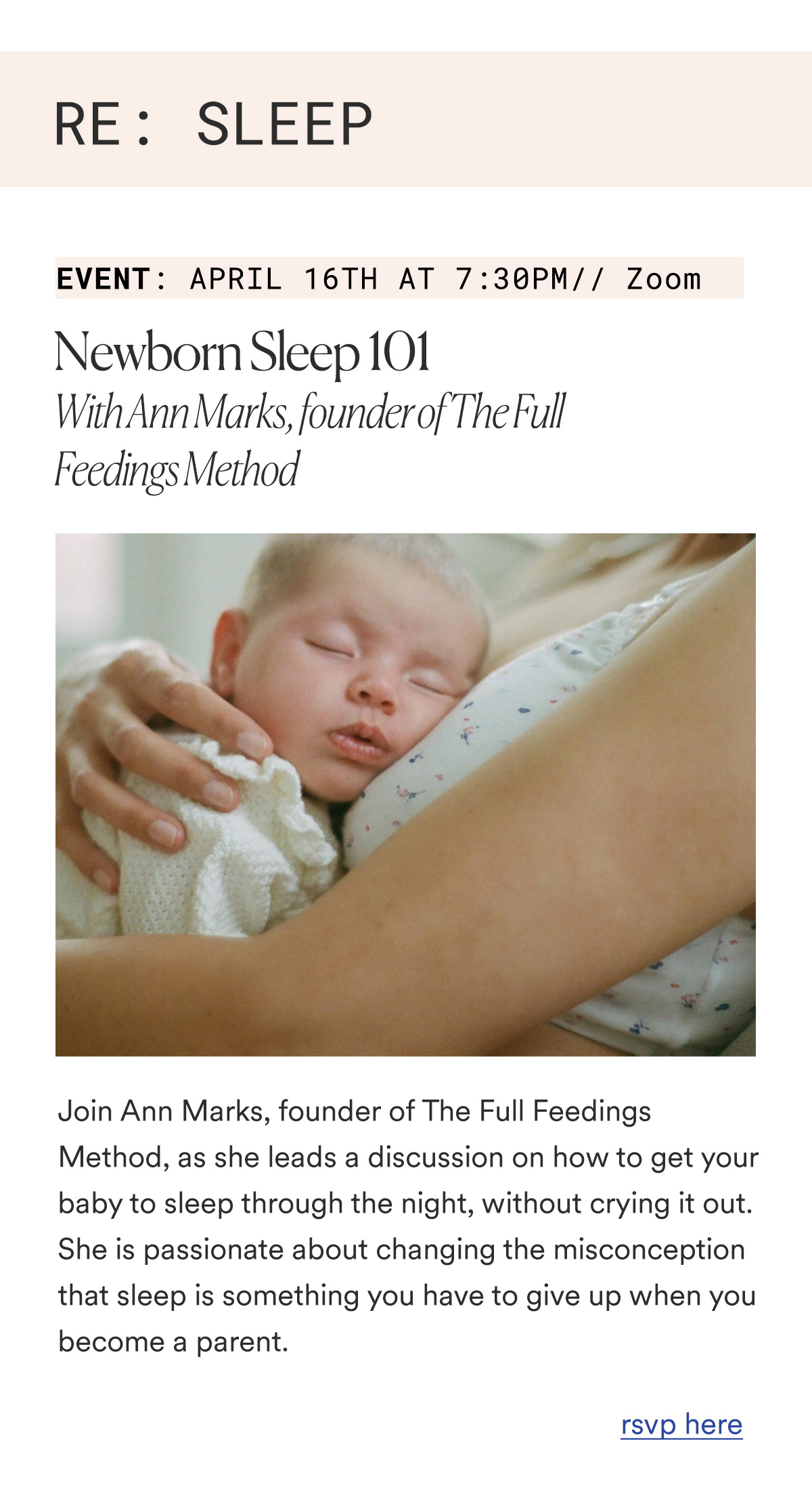 RE: SLEEP EVENT:  April 16th @ 7:30pm on Zoom Newborn Sleep 101