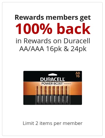 Rewards members get 100% back in Bonus Rewards on Duracell® Batteries AA/AAA, 16pk/24pk