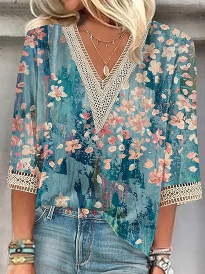 V Neck Half Sleeve Floral Regular Loose Shirt For Women