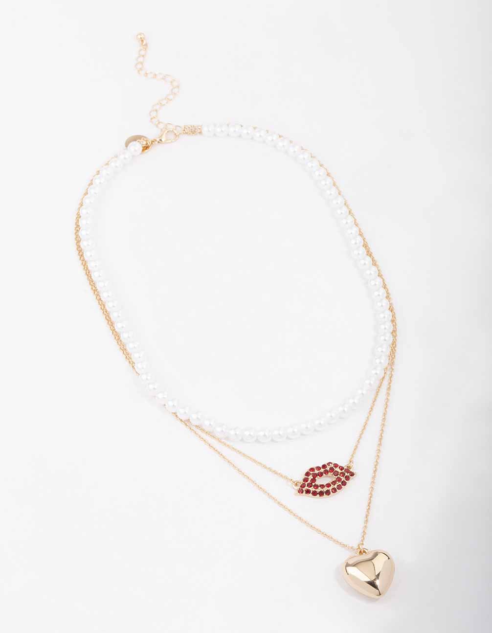 Image of Gold Heart & Lips Glamorous Layered Necklace