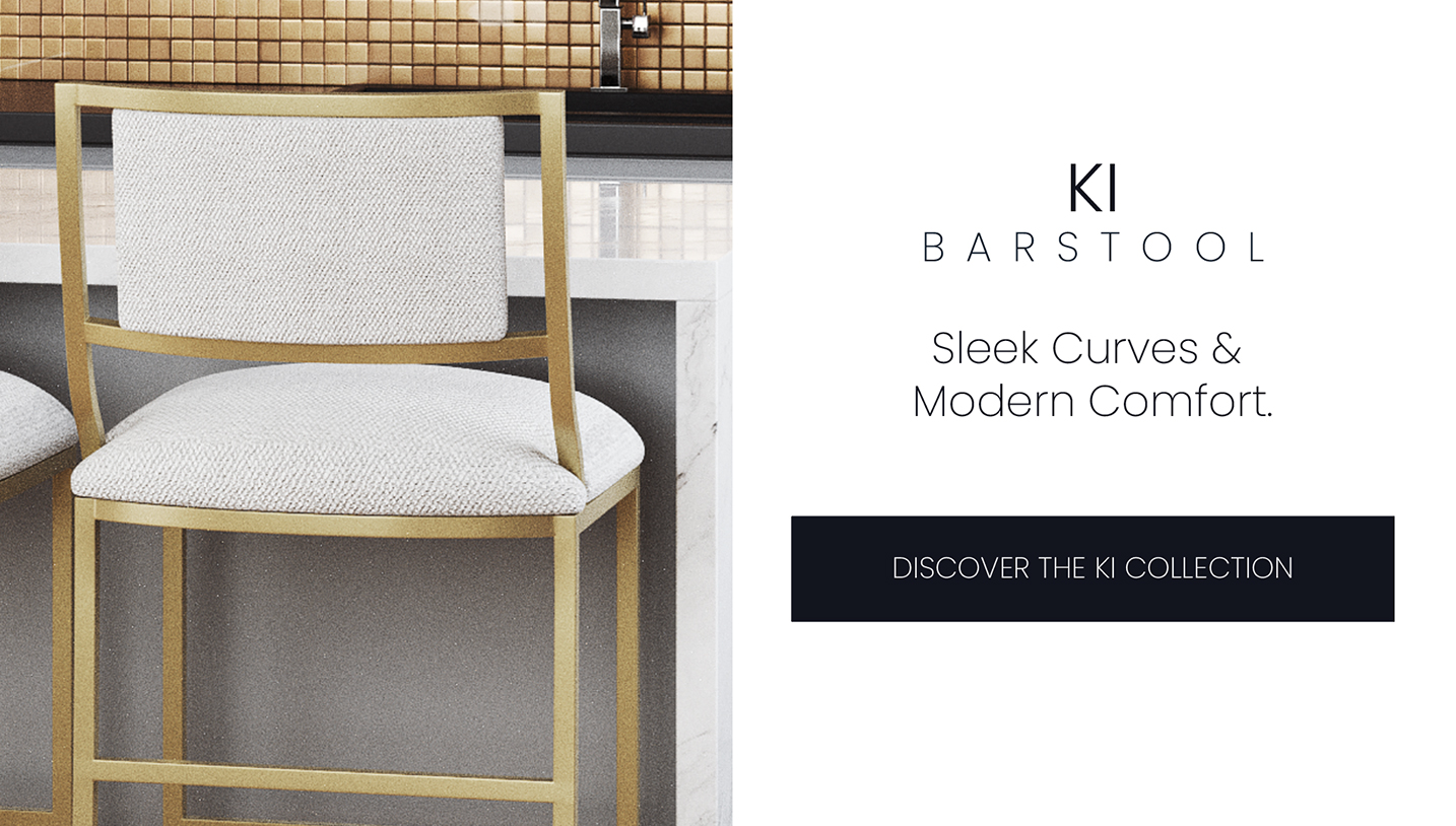 Ki barstool. Sleek Curves and Modern Comfort. Discover the Ki collection. Ki barstool is shown in Opaque Gold finish with French Mist Performance fabric.