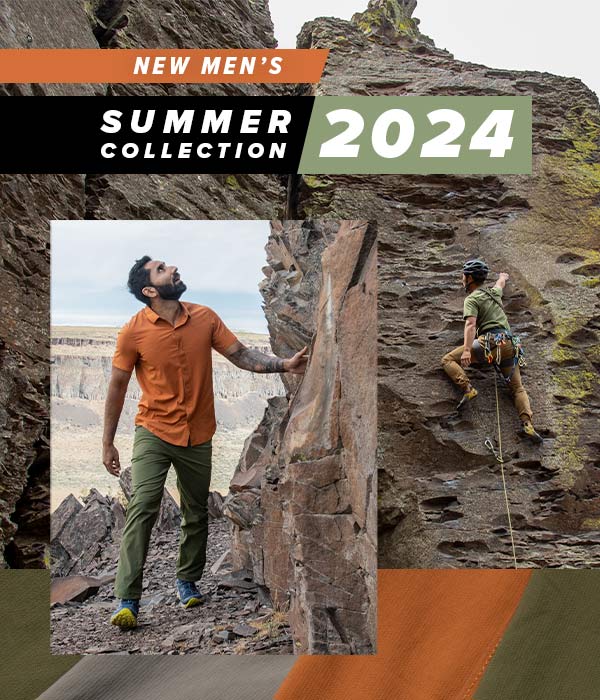 Man wearing the Desert Clay FirstSun Shirt and the Evergreen TarnGood Pant while looking up at a rock wall. Second image shows a man wearing the same items but rock climbing. Text Overlay saying "New Men's: Summer Collection 2024"