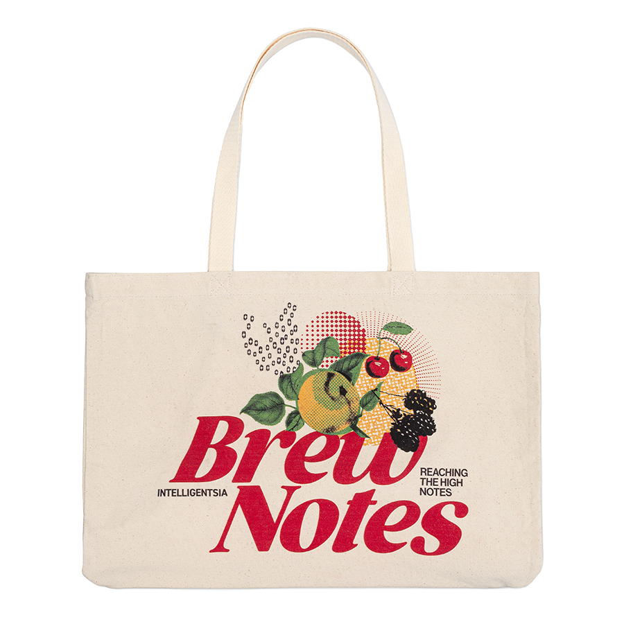 Market Tote Bag with fruit graphic and Brew Notes text