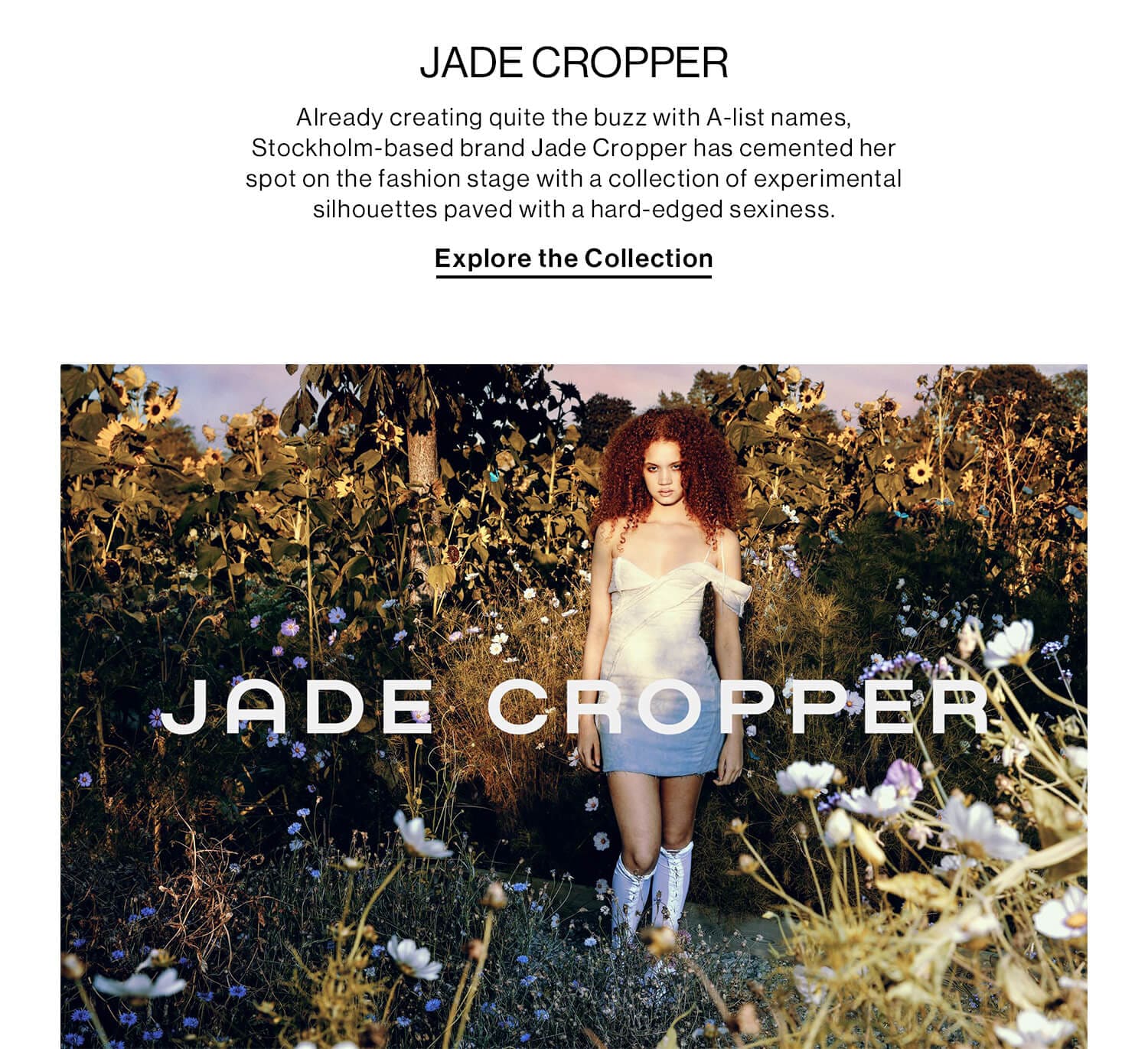 JADE CROPPER DEK: Already creating quite the buzz with A-list names, Stockholm-based brand Jade Cropper has cemented her spot on the fashion stage with a collection of experimental silhouettes paved with a hard-edged sexiness. CTA: Explore the Collection