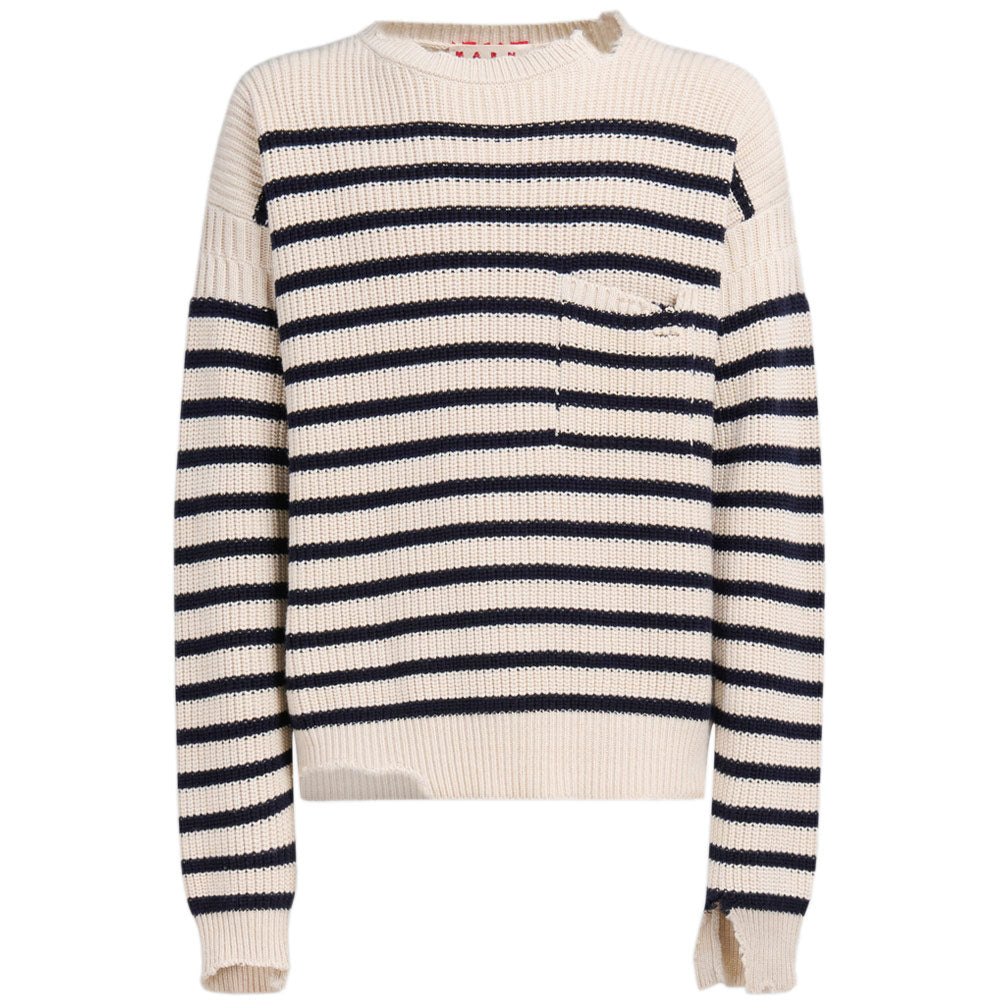 Image of White Wool And Cotton Striped Fisherman Jumper 'Stone White'