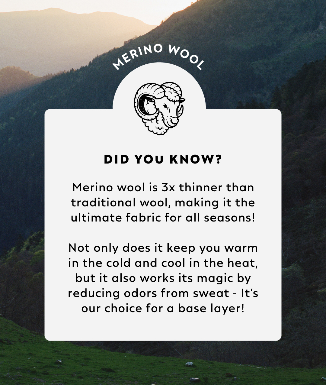 Merino wool is 3x thinner than traditional wool, making it the ultimate fabric for all seasons!  Not only does it keep you warm in the cold and cool in the heat, but it also works its magic by reducing odors from sweat - It’s our choice for a base layer!