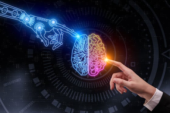 A human hand and a robotic hand each touch a part of a computer illustration of a brain