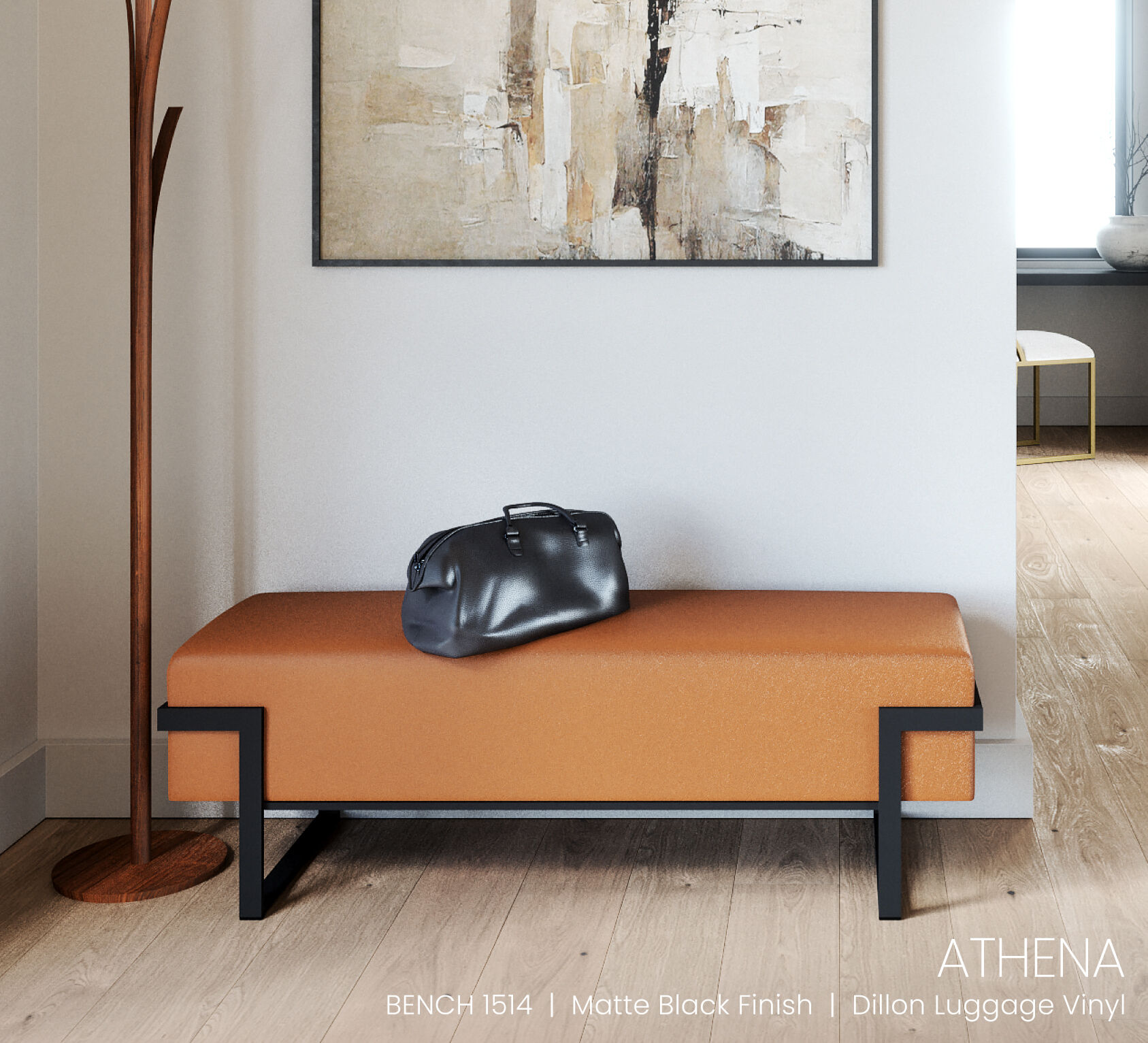 Wesley Allen Athena Bench in Matte Black finish with Dillon Luggage Vinyl finish.