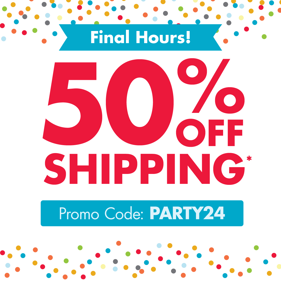 Get 50% off shipping online with code PARTY24 until 4/25/24, showing dotted confetti graphics