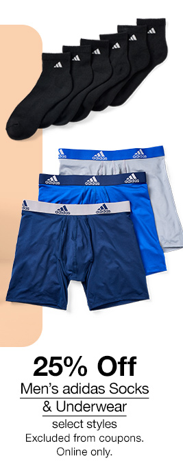 25% off Men's adidas Socks & Underwear, select styles. Excluded from coupons. Online only.