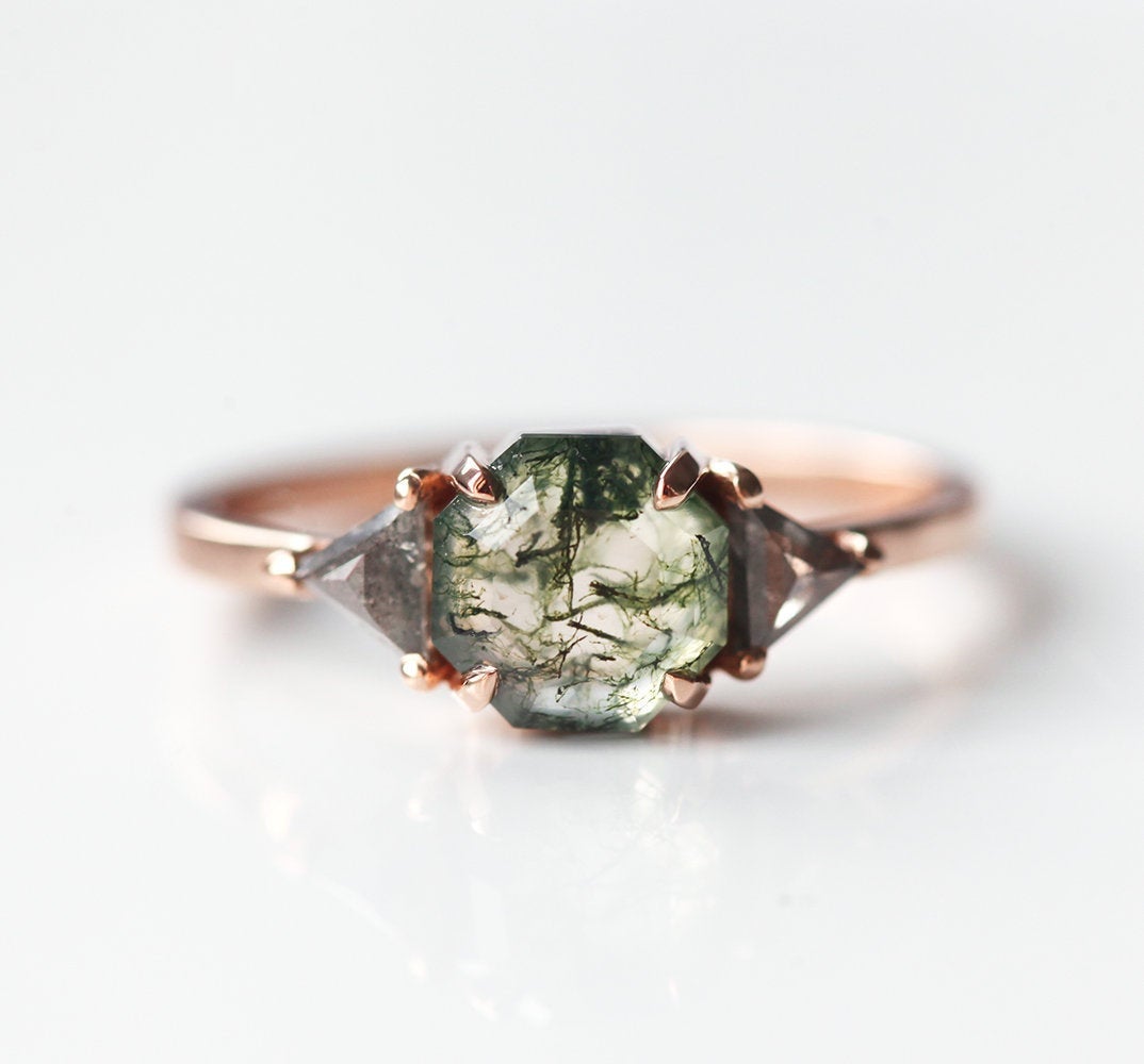 Image of Sasha Octagon Moss Agate & Salt Pepper Diamond Ring