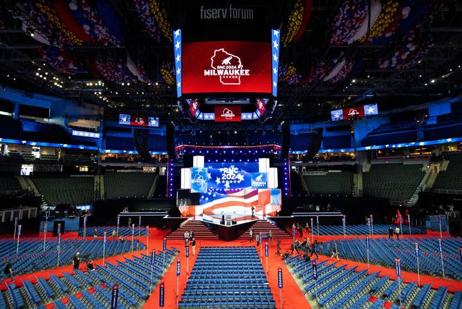 Preparartions continue inside the Fiserv Forum for the Republican National Convention in Milwaukee, Wisc.