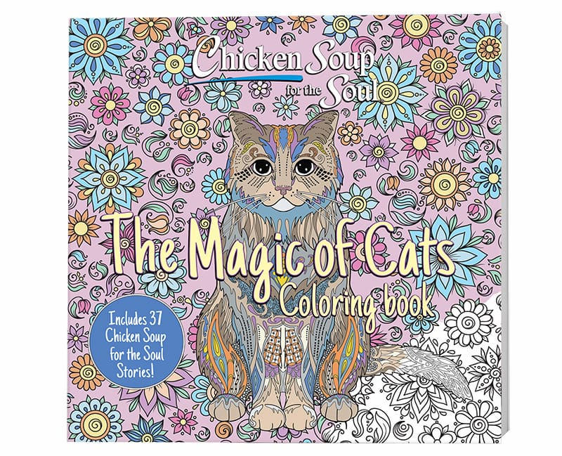 cover of Chicken Soup for the Soul The Magic of Cats Coloring Book: cat sitting on all four legs, surrounded by plant and flower patterns