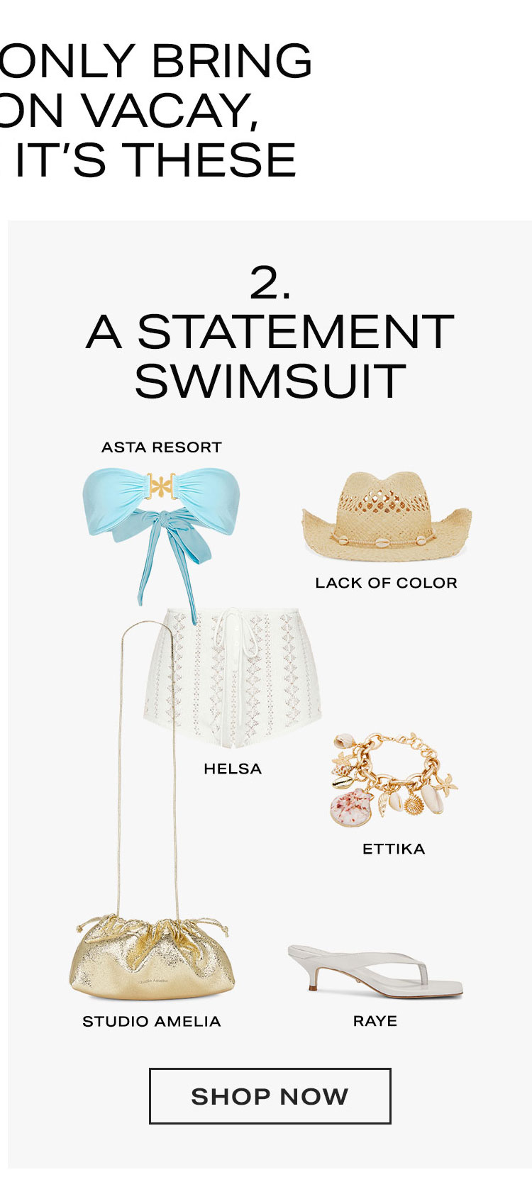  If You Can Only Bring 4 Things on Vacay... 2. A Statement Swimsuit. Product Assortment. Shop Now. 