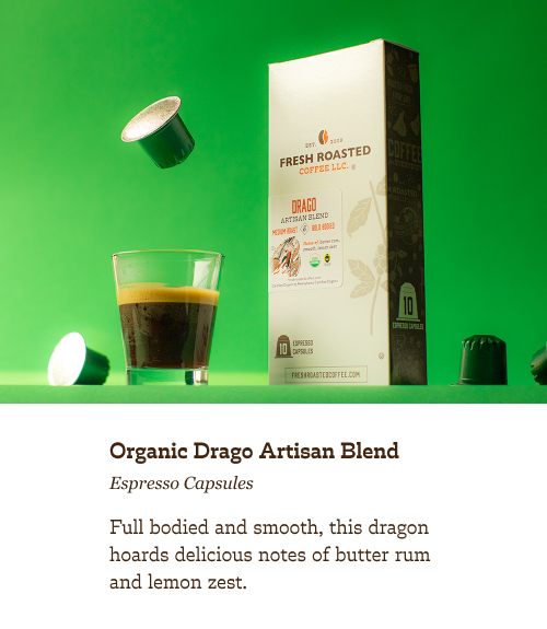 Organic Drago Artisan Blend Espresso Capsules. Full bodied and smooth, this dragon hoards delicious notes of butter rum and lemon zest.