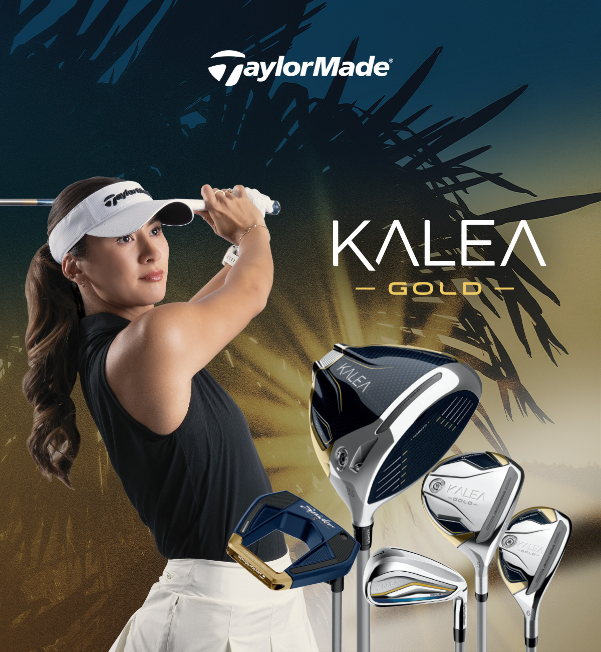 Female golfer swinging a club, with a palm tree graphic in the background, and clubs from the new Kalea Gold complete sent in the foreground 