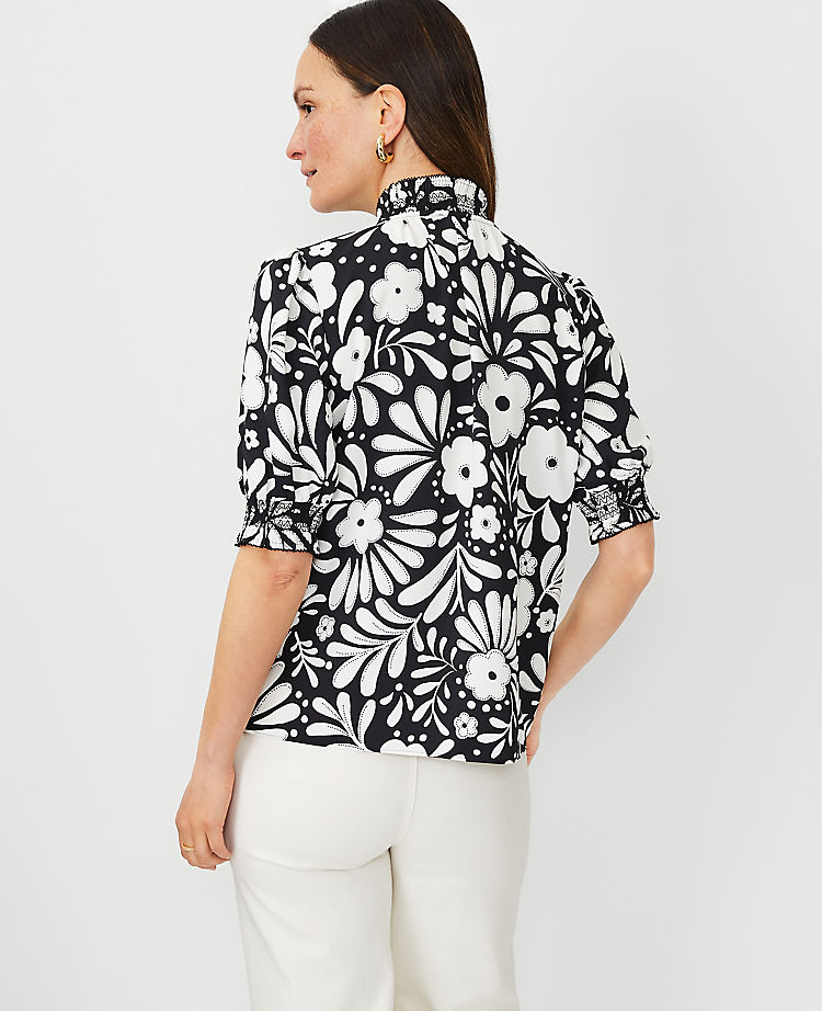 Floral Embroidered Smocked Tie Neck Top