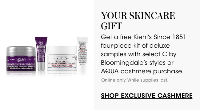 get a free kiehl's four piece kit of deluxe samples with select cashmere purchases