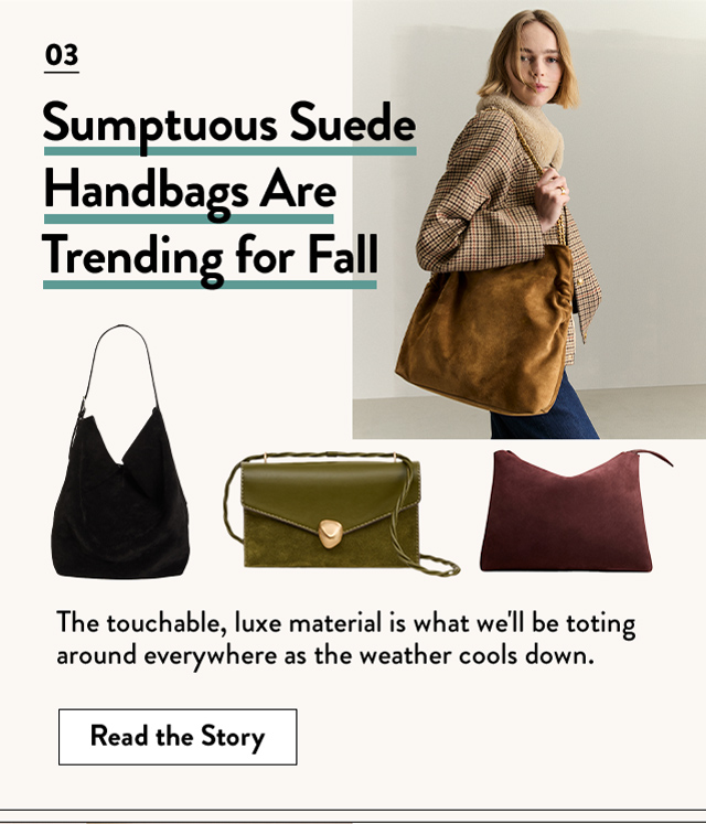 Model carrying a suede handbag; product shots of suede handbags.