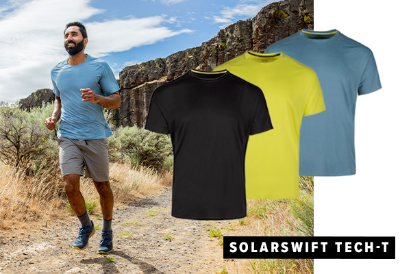 Man wearing the Big Sky Blue SolarSwift Tech-T and Moonstone  TarnGood Short while trail running. Also featured are the 3 colors of the shirt.