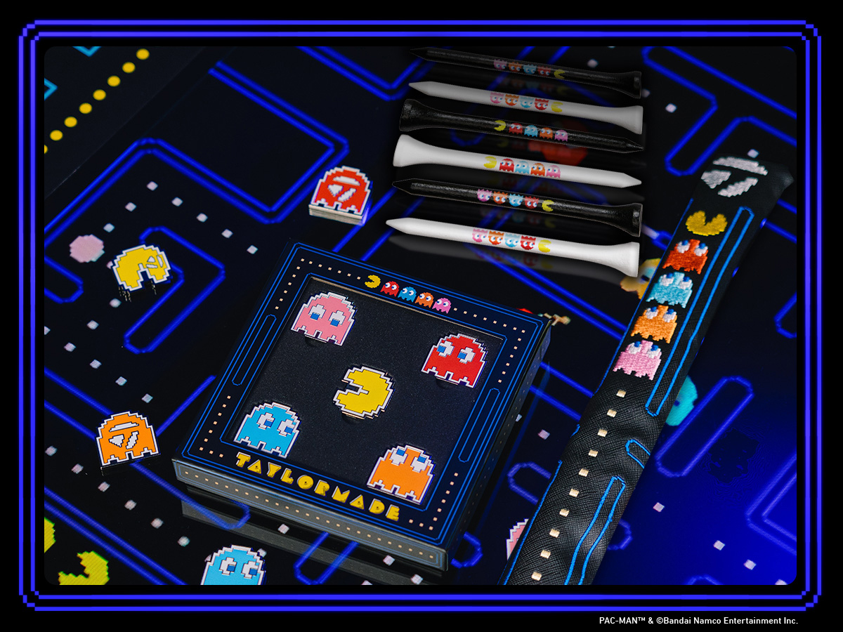 TaylorMade | PacMan Ball Marker Box and ball markers, tees and alignment stick cover on a PacMan themed table