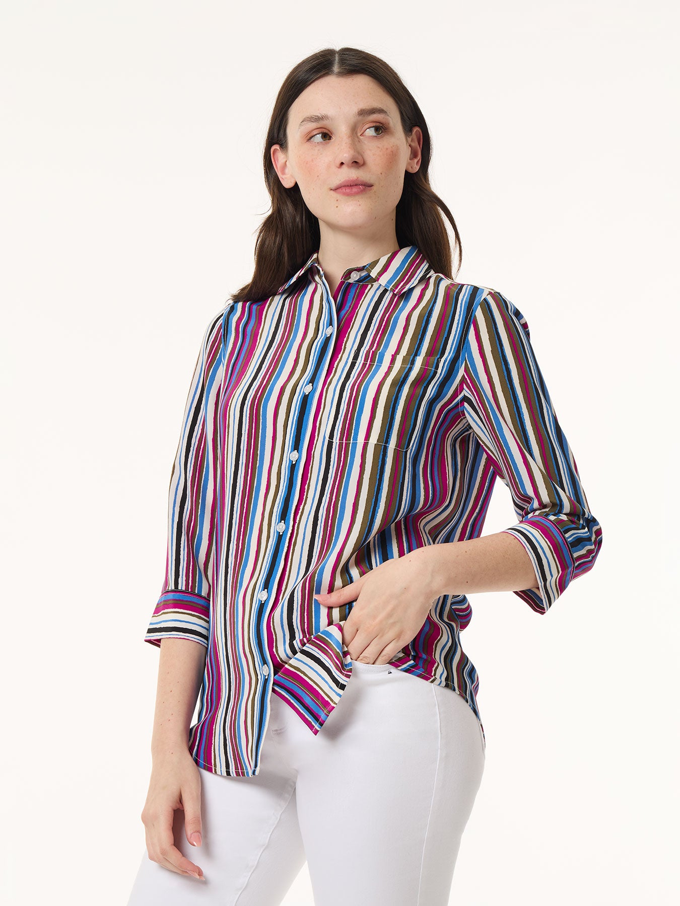 Image of Striped Button Front Shirt, Crepe de Chine