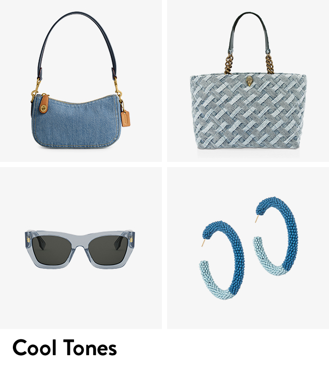 A blue denim shoulder bag, beaded hoop earrings, woven denim tote and rectangular sunglasses.