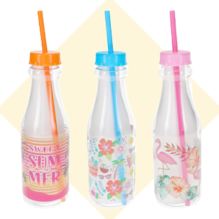 3 summer-themed reusable plastic water bottles