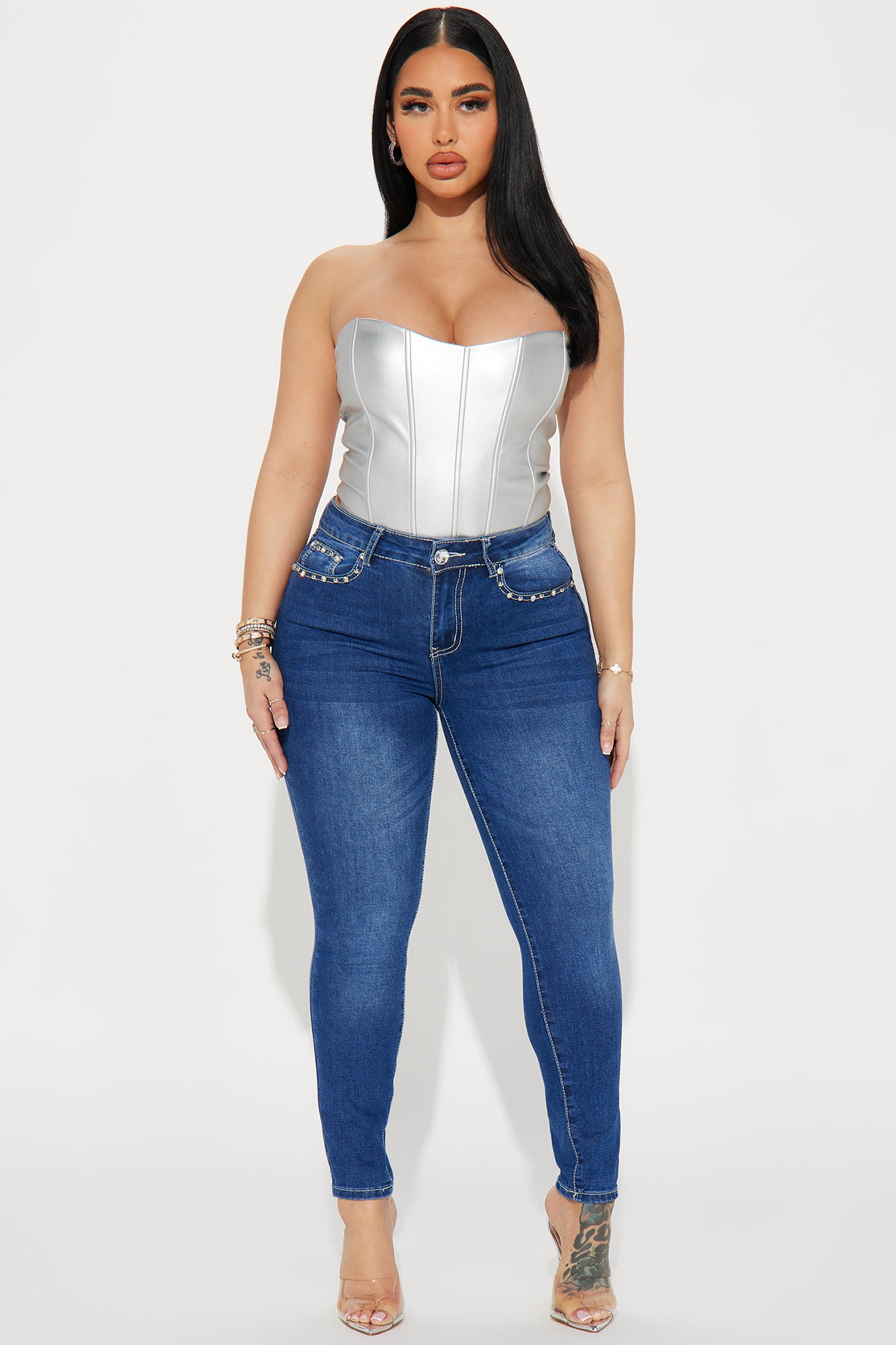 Image of Caught Your Eye Embellished Stretch Skinny Jeans - Dark Wash