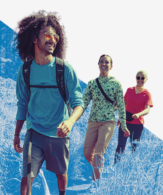 Hikers over a dynamic blue background